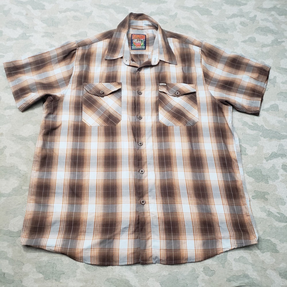 Dixxon Shirt Mens 2XL Brown Plaid Short Sleeve Button Up Biker Motorcycle
